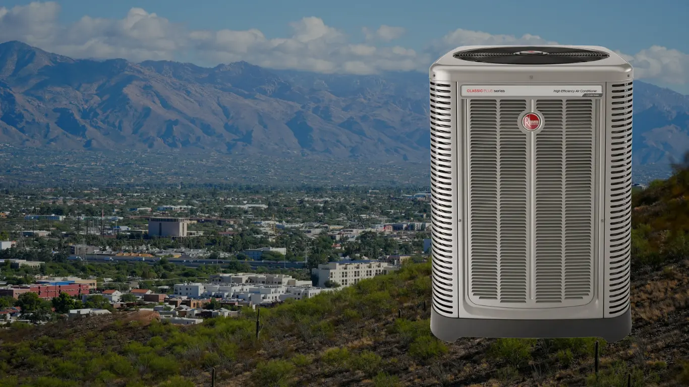 HVAC KING technician performing expert AC repair on a Rheem or Goodman AC unit at a Tucson, Arizona home.