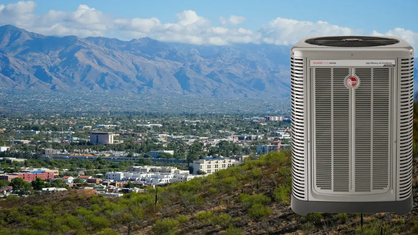 HVAC KING technician performing expert AC repair on a Rheem or Goodman AC unit at a Tucson, Arizona home.