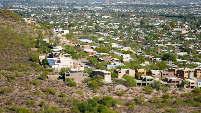 Tucson homes near A Mountain on the west side of tucson on a sunny day.